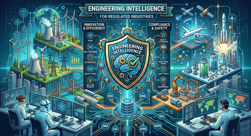 Engineering Intelligence framework illustrating innovation, compliance, safety, intelligent control, and regulated critical-infrastructure industries.