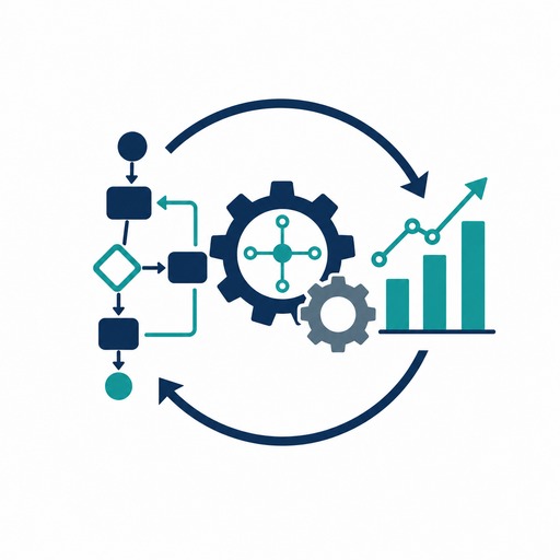OperationsAI operational intelligence icon showing a process workflow, engineering gears, and optimization chart.