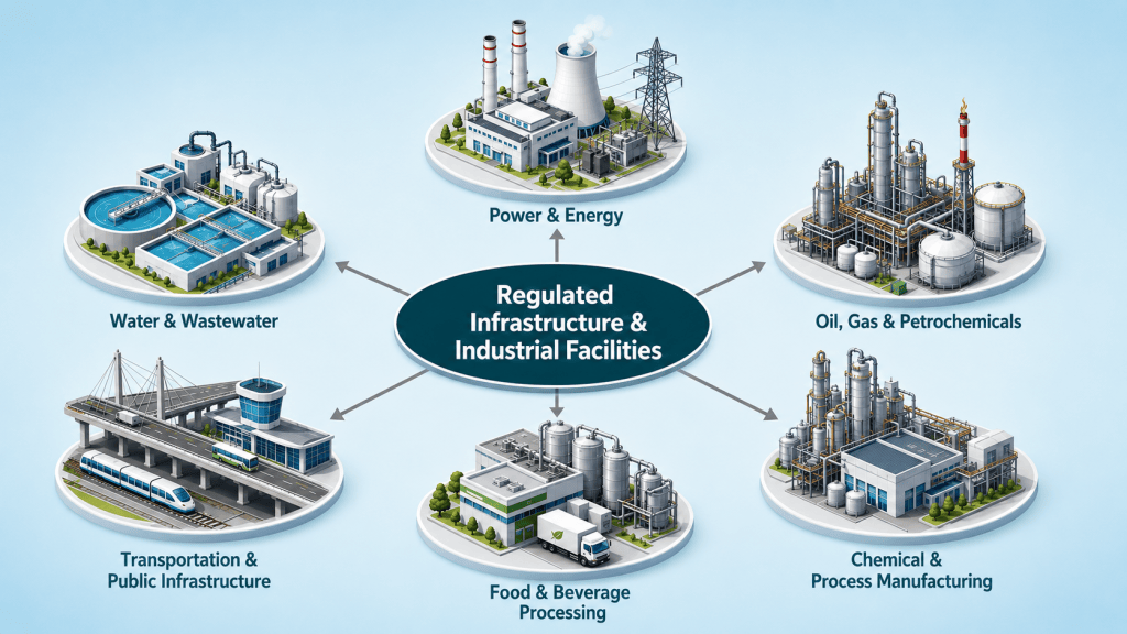 Engineering Intelligence for regulated infrastructure and industrial facilities, including water and wastewater, power and energy, oil, gas and petrochemicals, chemical and process manufacturing, food and beverage processing, transportation, and public infrastructure.